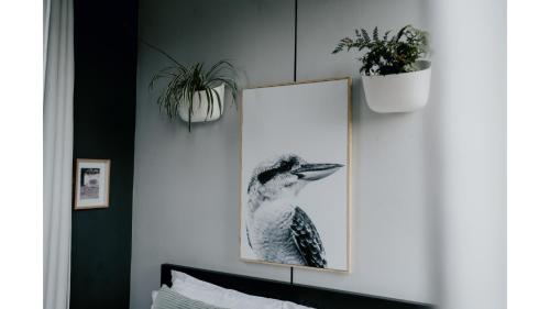 a bedroom with two pictures of a bird on the wall at The Ridge by Tiny Away in Korweinguboora