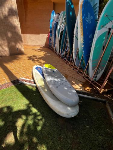 a row of surfboards lined up on a rack at Apartamento lujo en primera línea de playa en Bahía de la Plata, Estepona in Estepona
