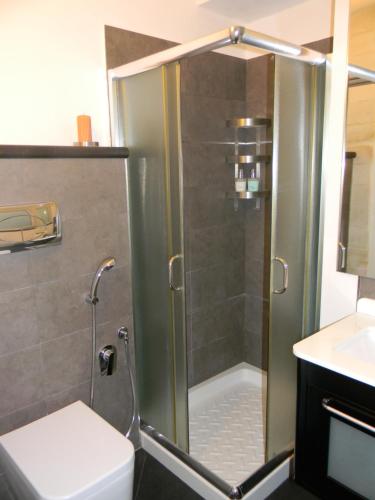 a bathroom with a shower with a toilet and a sink at Dammuso Rossini in Ragusa