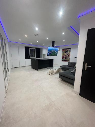 un grand salon avec un canapé et une télévision dans l'établissement Provençal and modern house, à Grasse
