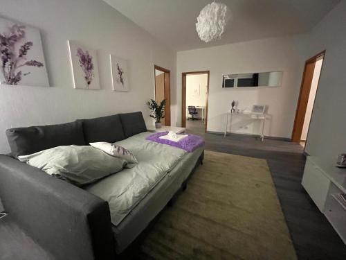 Una sala de estar con un sofá en una habitación. en Lavendel Wohnung, en Duisburg