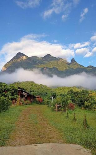 una casa en un campo con montañas en el fondo en Far Far Away Homestay Chiangdao, en Ban Tham