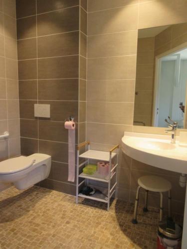 Domaine de l homme في Saint-Vincent-le-Paluel: حمام مع حوض ومرحاض ومرآة