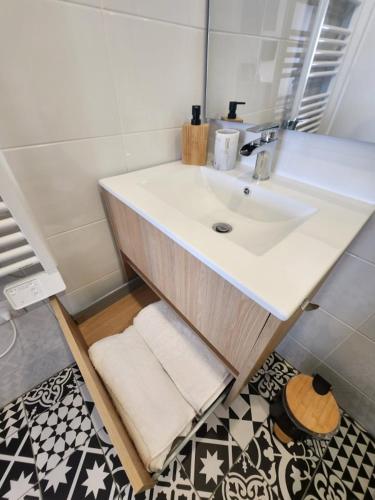une salle de bain avec un lavabo et un comptoir avec des serviettes dans l'établissement Studio Terre 1st floor Center Train station 5 minutes away, à Charleville-Mézières