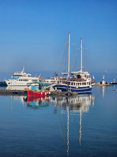 a group of boats are docked in a harbor at Vanila Studio in Mýkonos City