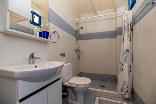 a bathroom with a sink and a toilet and a shower at Mikro Nisi Studios & Apartments in Agios Nikolaos