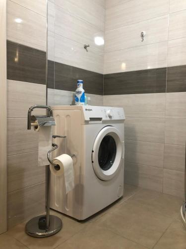 a washing machine with a roll of toilet paper in a bathroom at Graziosa in Policoro