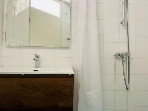 ein Badezimmer mit Dusche, Waschbecken und Spiegel in der Unterkunft Liguster 8 in Nieuwvliet