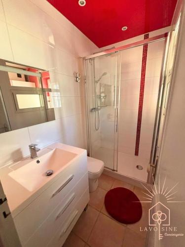 une salle de bain avec une douche, un lavabo et des toilettes dans l'établissement Les pieds dans l'eau, à Saint-Cyr-sur-Mer