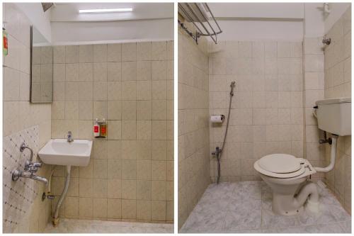 zwei Bilder eines Badezimmers mit Toilette und Waschbecken in der Unterkunft Hotel O Kamini in Pune