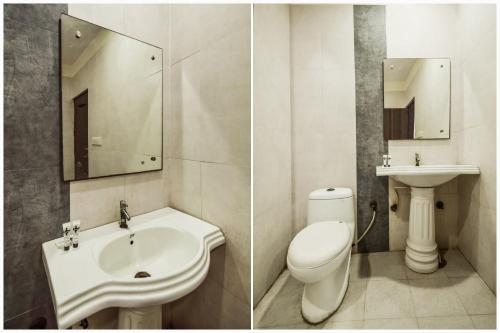 two pictures of a bathroom with a sink and a toilet at Hotel O Hadoti Resort in Bhilwara