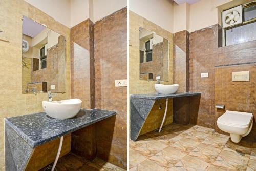 two images of a bathroom with a sink and a toilet at Hotel O Hari Krishna Palace in Amer