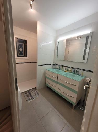 une salle de bain avec un lavabo et un miroir dans l'établissement Détente et soleil, à Lapalme