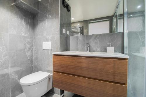 une salle de bain avec un lavabo, des toilettes et un miroir dans l'établissement CIA - Duplex in Paris' Center, à Paris