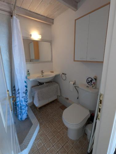 un baño con inodoro y lavabo en Loft apartment with sea view, en Chrani