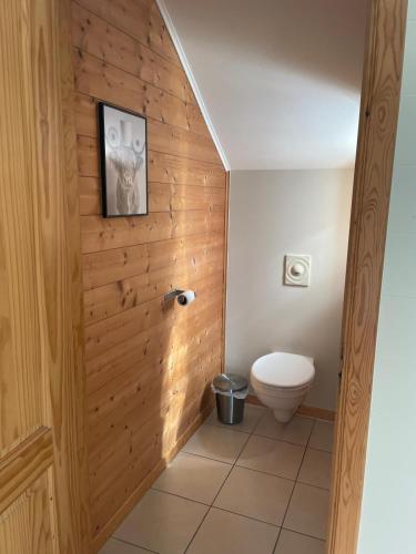 a bathroom with a toilet and a wooden wall at Maison à l'Aise in Durbuy
