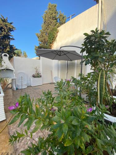a patio with an umbrella and some plants at Duplex El mansoura A0 in Kelibia