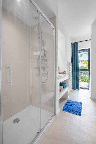La salle de bains est pourvue d'une douche en verre et d'un tapis bleu. dans l'établissement Laminerve Pramousquier, au Lavandou