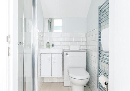 a white bathroom with a toilet and a sink at Little Copse, Elie in Elie