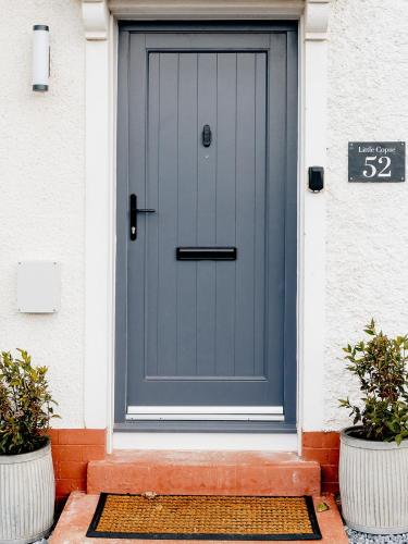 a blue front door of a house with two plants at Little Copse, Elie in Elie