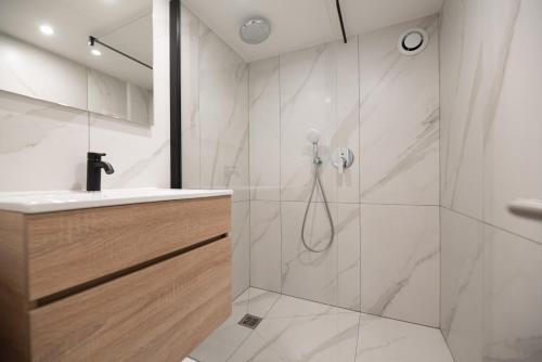 une salle de bain avec douche et lavabo dans l'établissement CIA - Spacious Duplex, Grands Boulevards, à Paris
