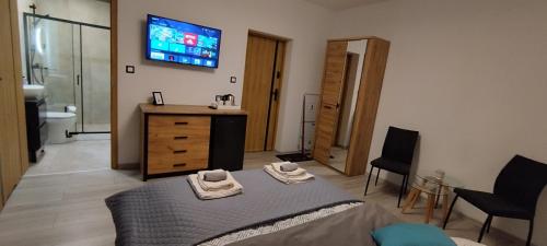 a bedroom with a bed and a television on the wall at Biały Dom in Sarbinowo
