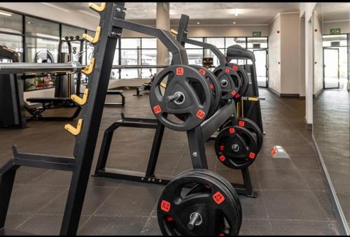 a gym with two treadmills and a squat rack at Next to Brooklyn Mall Cosy stay in Pretoria