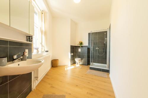 a bathroom with a sink and a shower at Schloss Arenfels in Bad Hönningen