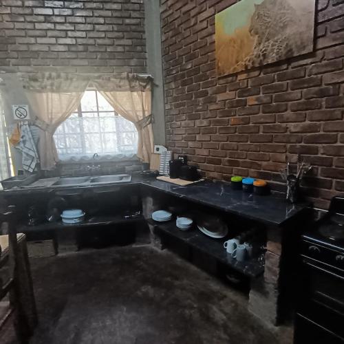a kitchen with a sink and a brick wall at Kudu Mal in Marloth Park