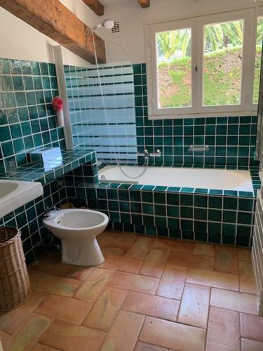 La salle de bains est pourvue de carrelage vert, de toilettes et d'une baignoire. dans l'établissement Charmante Villa à 400m de la Plage des Salins, à Saint-Tropez