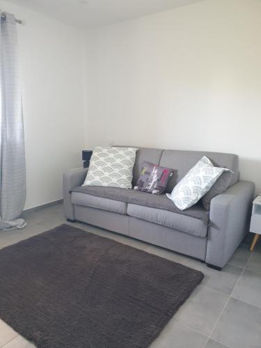 - un canapé gris avec des oreillers dans le salon dans l'établissement T3 Corté vue sur la Citadelle, à Corte