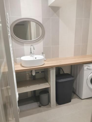 une salle de bain avec un lavabo et un miroir dans l'établissement Maison Cosy au Cœur de St-Jean, à Saint-Jean-de-Védas