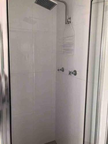 a shower with a glass door in a bathroom at Perfection On Prince in Orange