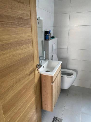 une salle de bain avec des toilettes, un lavabo et une porte dans l'établissement Apartment in Tivat for rent, à Krasići
