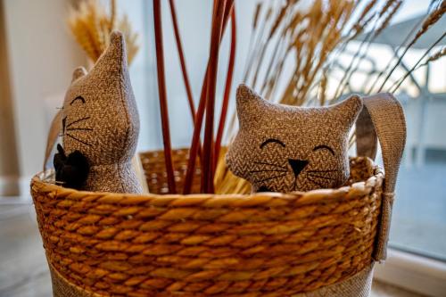 two figurines of cats sitting in a basket at DomusBiri in Bracciano