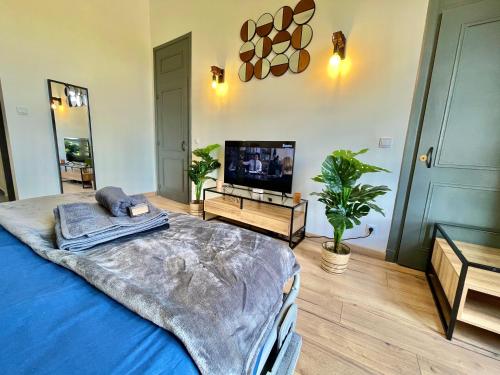 une chambre avec un lit et une télévision à écran plat dans l'établissement 