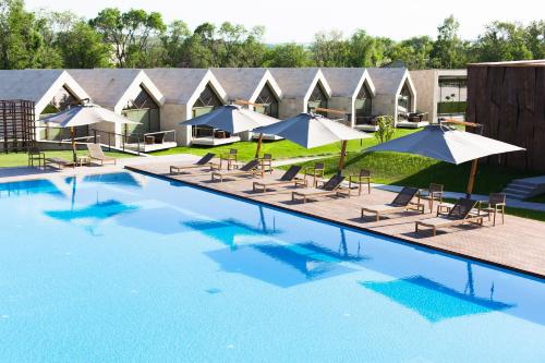 a large swimming pool with chairs and umbrellas at Castel Mimi Wine Resort in Bulboaca