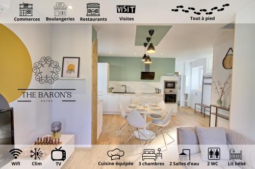 a kitchen and a living room with a table and chairs at La grande porte du Baron in Nevers