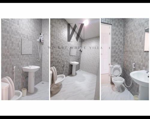 three pictures of a bathroom with two toilets and a sink at WICKET WHITE VILLA in Ratchaburi