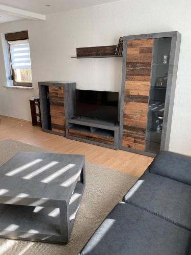 a living room with a couch and a tv at Haus I WIFI I Monteur in Sallgast