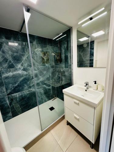 une salle de bain avec douche et lavabo dans l'établissement La Marine' Hyères, à Hyères