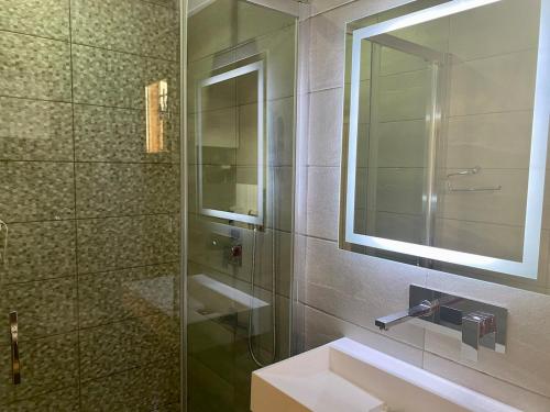 une salle de bain avec un lavabo et un miroir dans l'établissement Le Cosy- Terrasse et centre ville, à Annecy