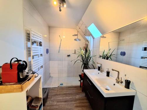 une salle de bain avec un lavabo et une douche dans l'établissement maison dans la Prairie, à Lhomme