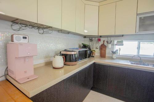 a kitchen with a counter with a toaster and a microwave at Amuse 545 in Yangpyeong