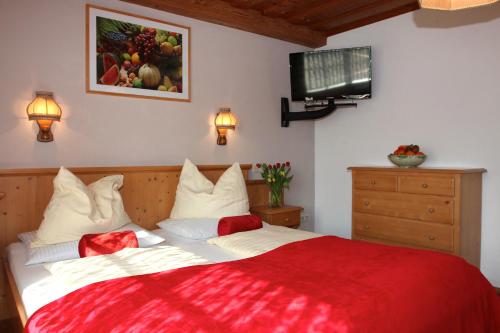a bedroom with a red and white bed and a tv at Bauernhof Kasleitner in Zell am Moos