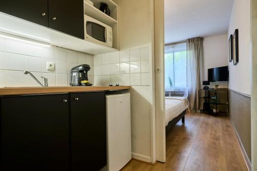 - une cuisine avec évier et un lit dans une chambre dans l'établissement Elegant studio, heart of Vauban, Lille, à Lille