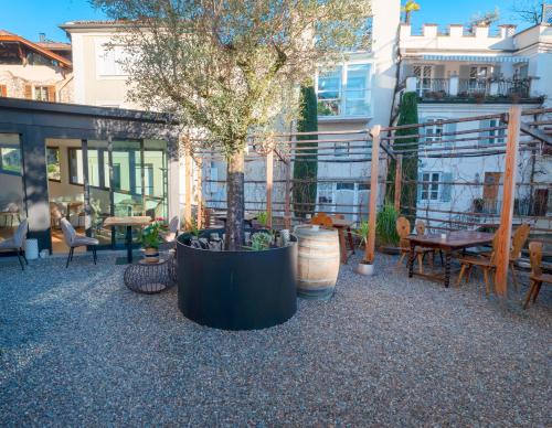 a courtyard with a tree in a large pot at Boutique Hotel Santer Klause in Merano