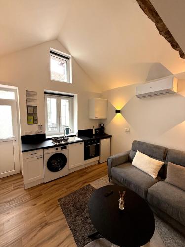 un salon avec un canapé et une cuisine dans l'établissement Cocon moderne, à Auxerre