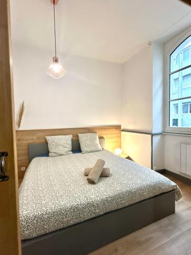 - une chambre avec un lit avec deux oreillers et une fenêtre dans l'établissement Au Coeur de Nantes - idealement situé Studio tout confort avec chambre separée, à Nantes