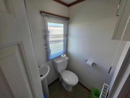 a white bathroom with a toilet and a window at Meadow Lakes 71 - Golden Palm Resort - Pet Friendly - On site Swimming Pool - On site club house - Meadow Lakes Caravan Hire in Chapel Saint Leonards
